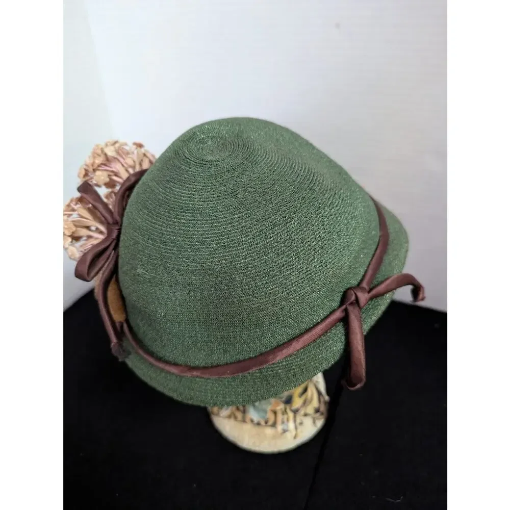 Vintage 40s 50s Forest Green Woven Cloche Bucket Hat Brown Ribbon Floral Trim